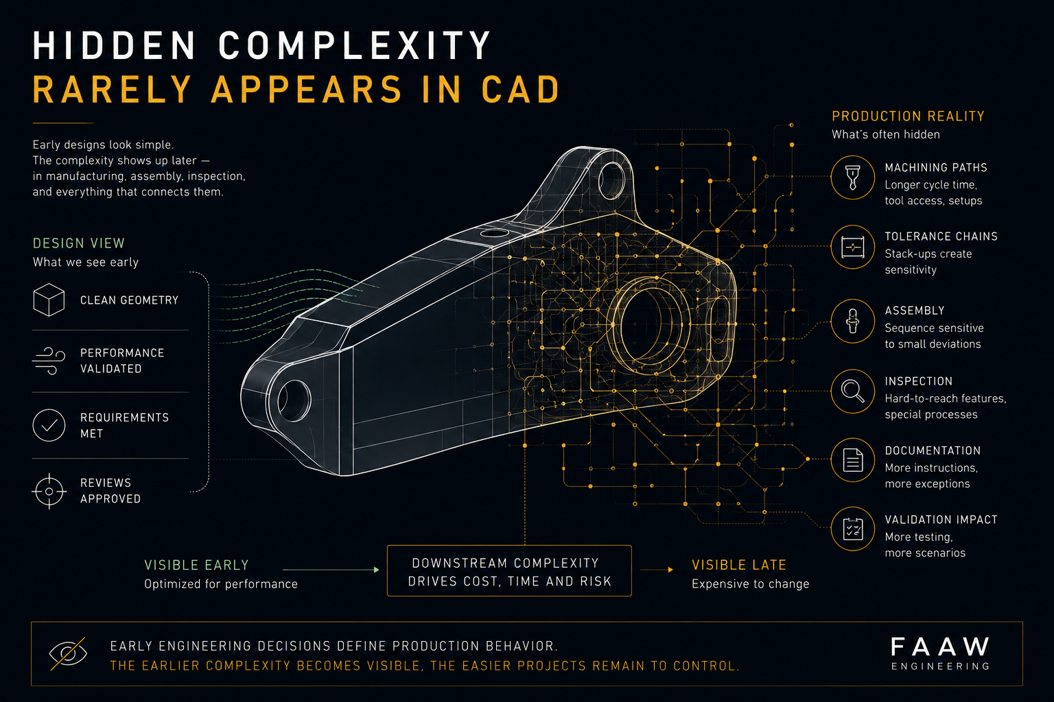 Diagram comparing the clean early design view of an aerospace bracket with the downstream production reality: machining paths, tolerance chains, assembly, inspection, documentation and validation impact